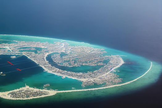 anime style, Male Maldive Capital City from a Seaplane