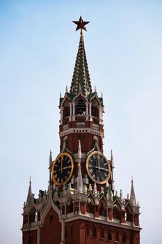Spasskaya Tower of Moscow Kremlin. Famous chimes are the main clock of Russia. Sights of Russia, a historical building, symbol of the country. A Popular Attraction In Moscow