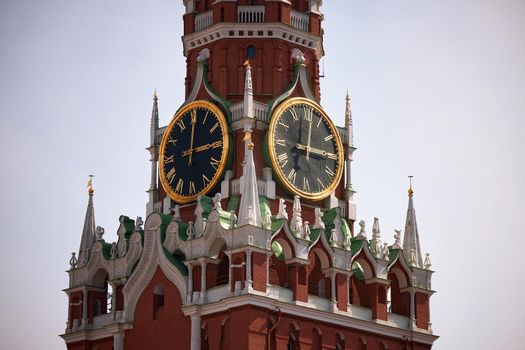 Spasskaya Tower of Moscow Kremlin. Famous chimes are the main clock of Russia. Sights of Russia, a historical building, symbol of the country. A Popular Attraction In Moscow
