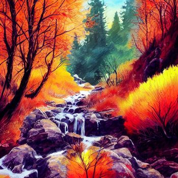 hiking in the autumn mountains, watercolor drawing