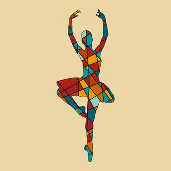 Balerina silhouette in mosaic style. Abstract geometric irregular mosaic. Polygonal geometric outline multicolor illustration of balerina. Classic russian balette. Scandinavian style. Vector