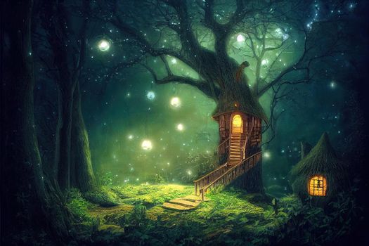 magical fantasy fairy tale scenery of tree house at