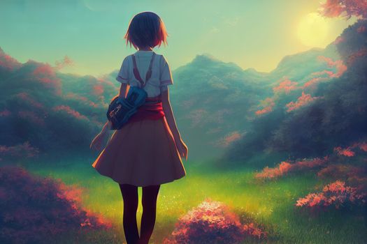 Anime girl with short hair fantasy digital art landscape