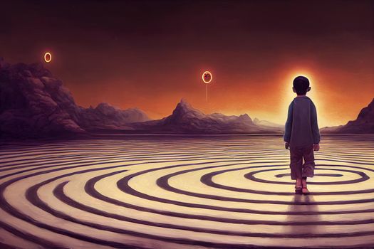 boy walking on magic circles or sacred symbols in