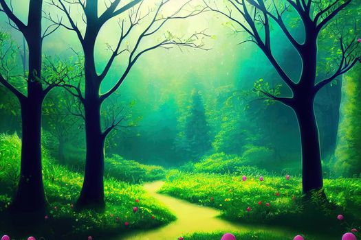 Fairytale magic forest background. 2D magic background for fairytale