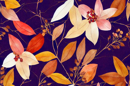Watercolor floral seamless pattern with hand-painted jewel-toned red, burgundy,