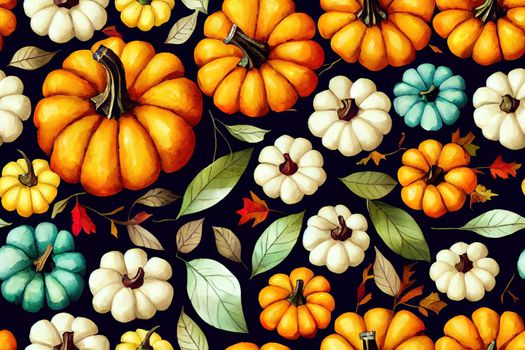 Watercolor fall harvest seamless pattern. Blue teal pumpkin truck,