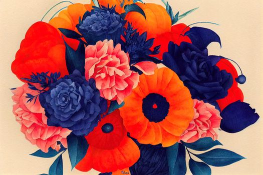 Watercolour Floral Vegetable Bouquets Navy Blue Orange Fall Arrangement
