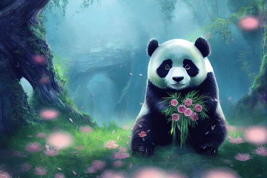 A fantasy panda with flowers and a beautiful magical