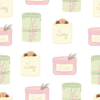 Seamless pattern background with handmade scented soy and coconut wax candles in scandinavian folk hygge style