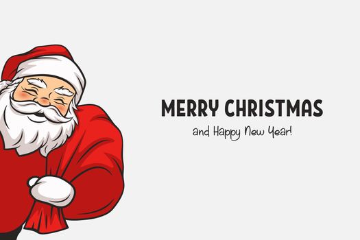 Vector Cute Funny Smiling Peeking Santa Claus with Sack. Holiday Merry Christmas and Happy New Year, Greeting Card, Banner Design Elements