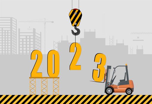 Installation of 2023 against the backdrop of a construction site.