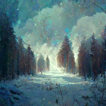 Splendid view of snow-capped spruces on a frosty evening. Fabulous nature digital generated illustration.