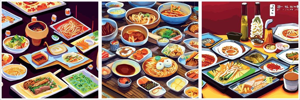 Set of Asian food engraved on the table. Noodle dishes at the top of the view. Food menu design with cooked noodles.