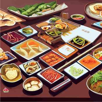 Asian food engraved on the table. Noodle dishes at the top of the view. Food menu design with cooked noodles. vector
