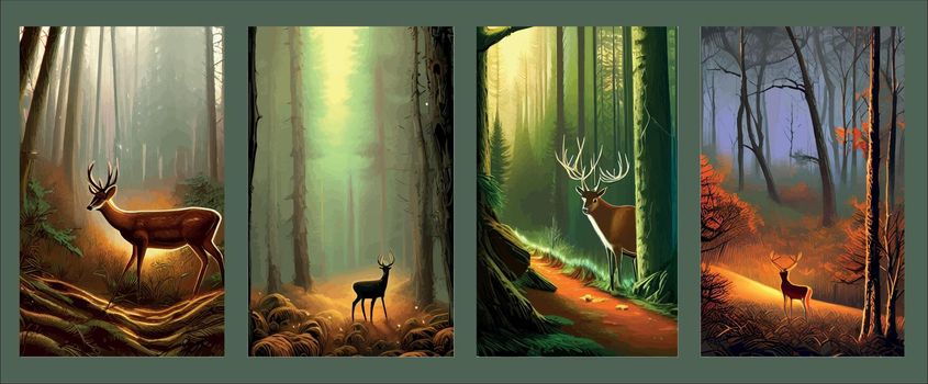 Set of vertical posters. Landscape with dark northern forest and wild deer, vector illustration. Wild animals
