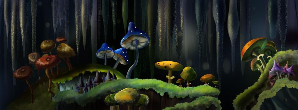Magic mushrooms in a fairy tale cave