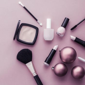 Make-up and cosmetics product set for beauty brand Christmas sale promotion, luxury purple flatlay background as holiday design