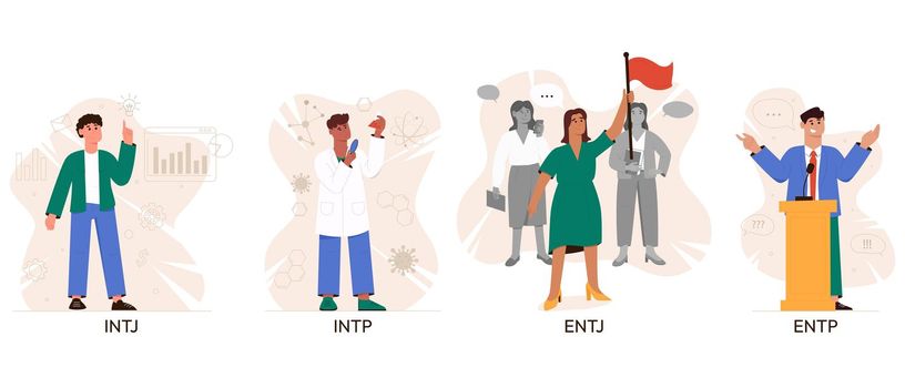 Set of analyst MBTI person types. Socionics mbti. Personality test. Mind behavior concept. Flat vector illustration