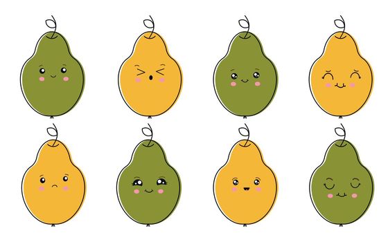 Set of emoticons on colorful pears. Funny cartoon emoticons. Vector illustration isolated on white background
