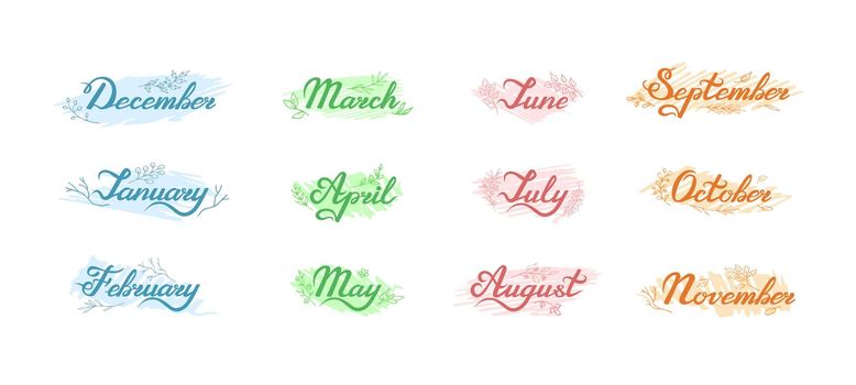 Set of hand drawn lettering with names of months on sketchy backgrounds with leaves and branches