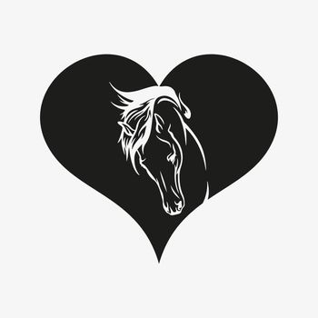 Horse head silhouette. Black and white vector logo. A horse in heart.