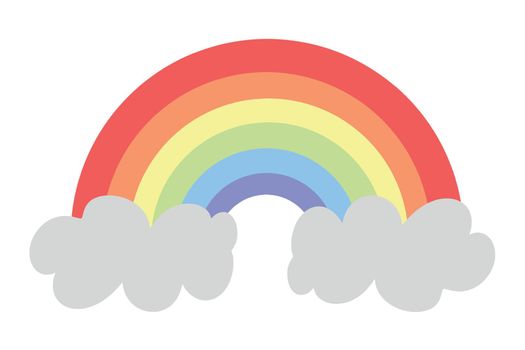 Colorful rainbow with white clouds. Rainbow vector icon on blue background