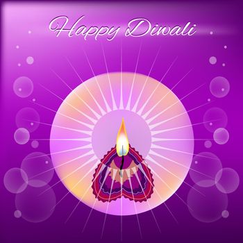 Happy Diwali, Deepawali greeting for Hindu festival of Light, shiny design with fancy diya oil clay candle lamp with flame, on purple background