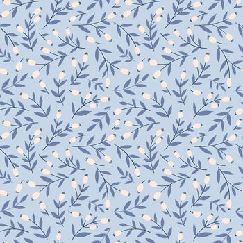 Winter seamless pattern with rose hips, branches and leaves. Vector background in simple hand drawn cartoon style.