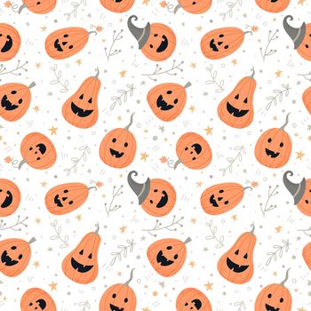 Halloween template. Vector seamless pattern with cute smiling orange pumpkins on a white background.