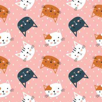 Cat seamless pattern. Cute variety of kittens. Children s characters in a simple hand-drawn naive cartoon in the Scandinavian style.