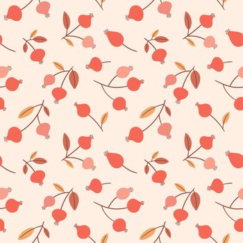 Autumn seamless pattern with stylized rose hips. Cute design for fabric, textile and autumn decor.