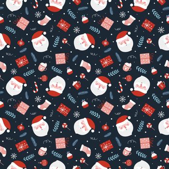 Christmas seamless pattern with funny santa gifts, balls, candy cane, Christmas sock and branches.