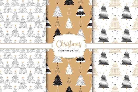 Set of different seamless patterns with Christmas trees.