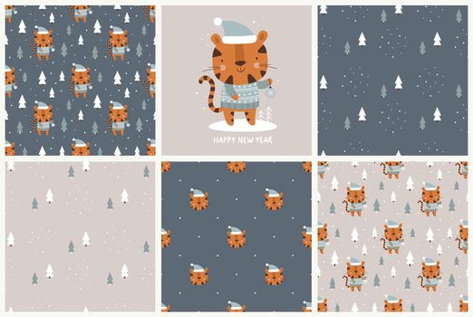 Set of seamless winter patterns with cute tiger.