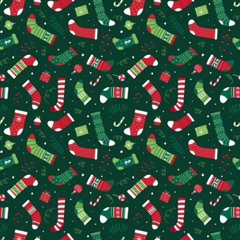 Seamless Christmas pattern with assorted Christmas socks.
