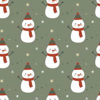 Seamless pattern with funny snowmen on green background simple cartoon style. Vector illustration for Christmas and New Year holidays.