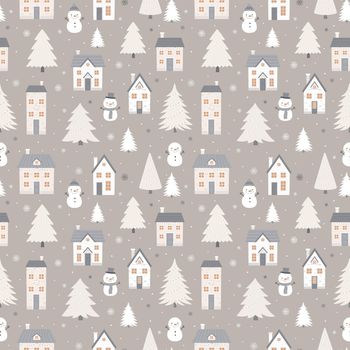 Seamless winter pattern with houses, snowmen and fir trees.