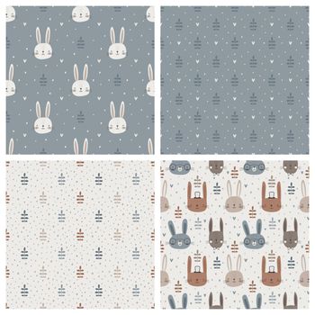 Seamless pattern with cute rabbits, leaves and hearts. Stylized print on fabric with plants and rabbits.