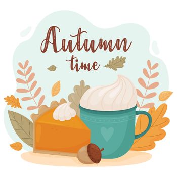 Autumn time. Bright autumn composition with pumpkin pie, cup and autumn leaves. Template for autumn holidays, cards, invitations, banners, etc.