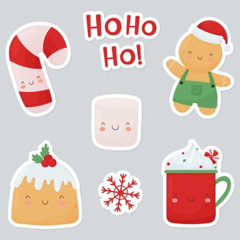 set of bright Christmas stickers. Cute Christmas characters, cup, pie, marshmallow, candy cane, gingerbread man.