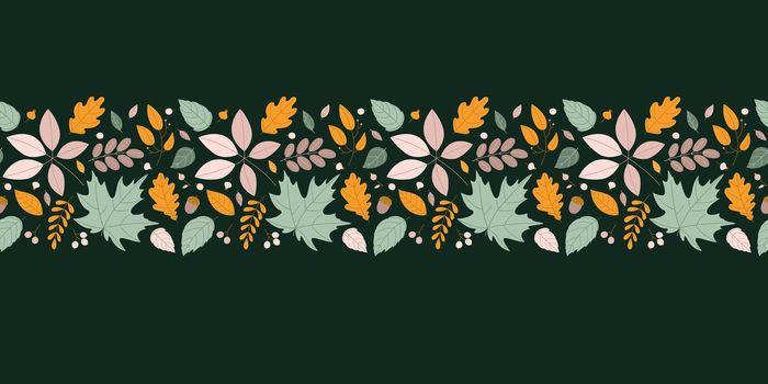 Seamless border with a variety of autumn leaves and berries. Flat style, dark green background.
