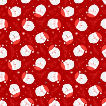 Christmas seamless pattern with funny santa on red background. Flat cartoon style