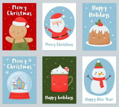 Set of Christmas and New Year holiday cards with funny Christmas characters.