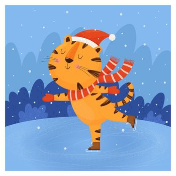 Greeting card template with funny ice skating tiger. Vector illustration in children's cartoon style.