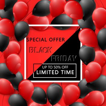 Black Friday poster with shiny confetti and balloons on red background with square frame. Vector illustration.