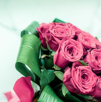Luxury bouquet of pink roses on marble background, beautiful flowers as holiday love present on Valentines Day