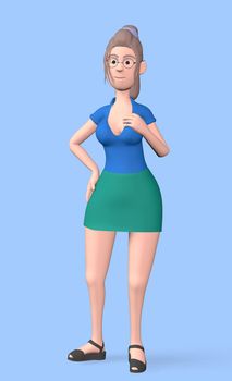 A girl with glasses and a blue shirt with a big bust holds her chest with one hand 3d-rendering