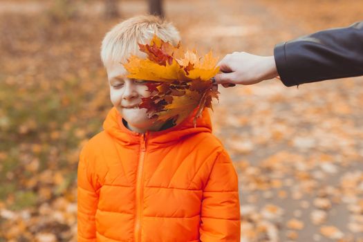Portrait of happy child boy in orange jacket in autumn park. Fall season and children concept