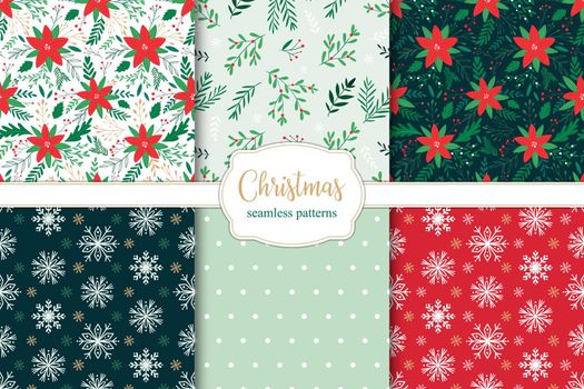 Set of christmas seamless patterns with poinsettia branches, leaves and berries and snowflakes.